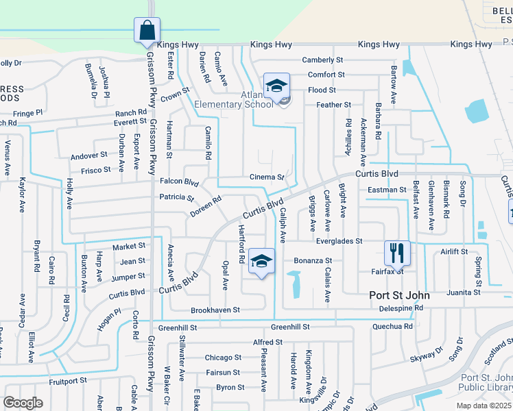 map of restaurants, bars, coffee shops, grocery stores, and more near 4720 Curtis Boulevard in Cocoa