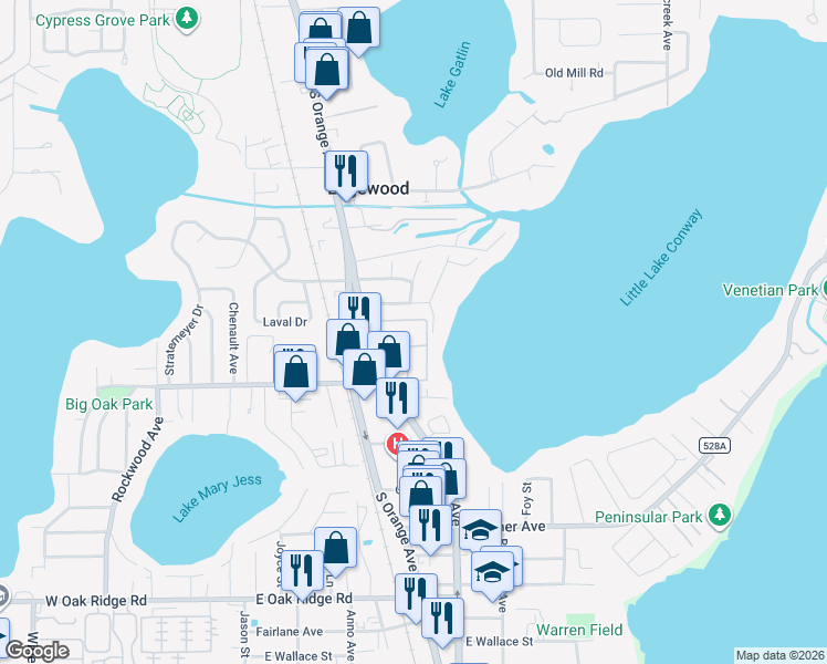 map of restaurants, bars, coffee shops, grocery stores, and more near 5345 Hansel Avenue in Edgewood