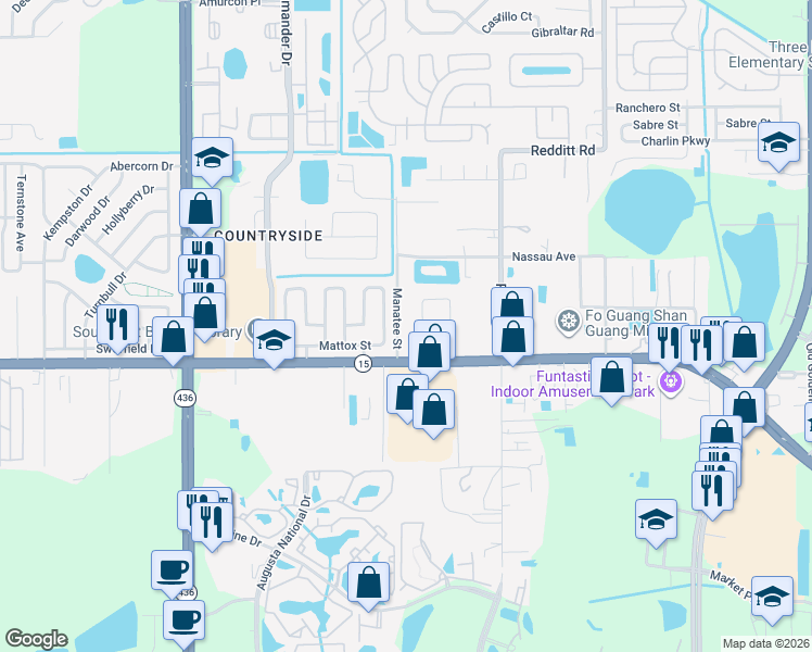 map of restaurants, bars, coffee shops, grocery stores, and more near 4103 Manatee Street in Orlando