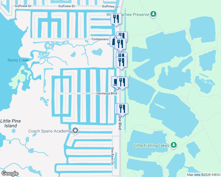map of restaurants, bars, coffee shops, grocery stores, and more near 3332 Fernleaf Drive in Hernando Beach