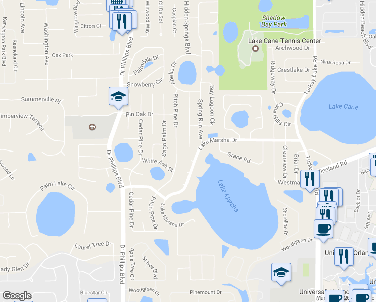 map of restaurants, bars, coffee shops, grocery stores, and more near 5660 Baybrook Avenue in Orlando