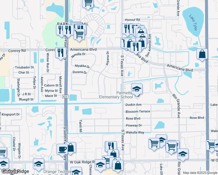map of restaurants, bars, coffee shops, grocery stores, and more near 5424 Wauchula Ct in Orlando