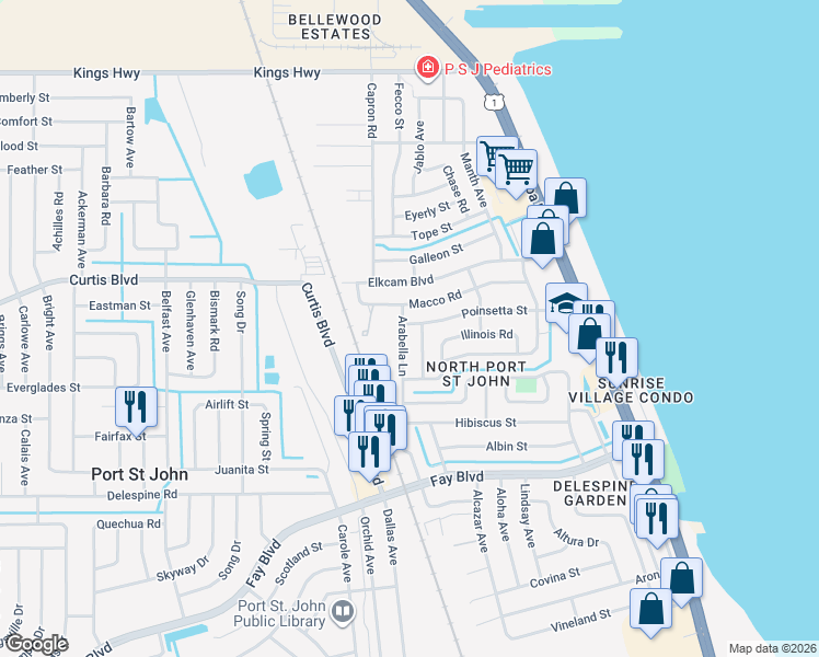 map of restaurants, bars, coffee shops, grocery stores, and more near 401 Arabella Lane in Cocoa