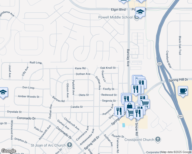 map of restaurants, bars, coffee shops, grocery stores, and more near 3300 Dothan Avenue in Spring Hill