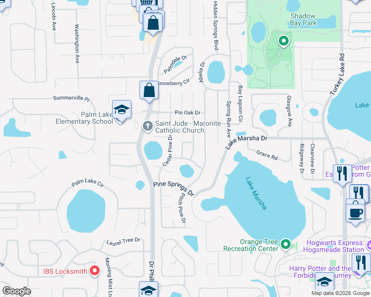map of restaurants, bars, coffee shops, grocery stores, and more near 5761 Tamarack Drive in Orlando