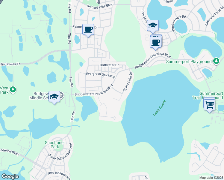 map of restaurants, bars, coffee shops, grocery stores, and more near 5606 Water Pier Lane in Winter Garden