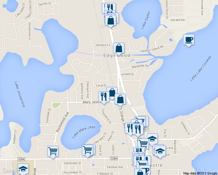 map of restaurants, bars, coffee shops, grocery stores, and more near 5238 Laval Dr in Orlando