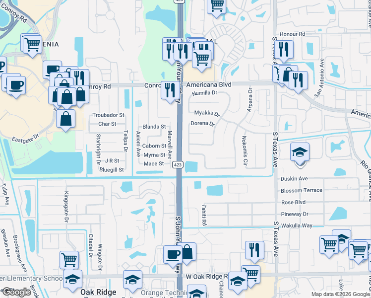 map of restaurants, bars, coffee shops, grocery stores, and more near 5468 Chapparrel Drive in Orlando