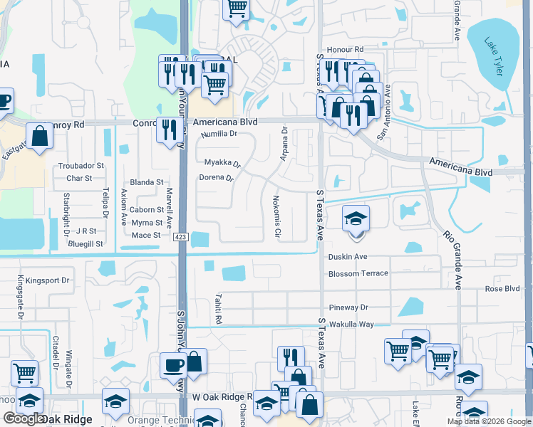 map of restaurants, bars, coffee shops, grocery stores, and more near 5445 Arpana Drive in Orlando