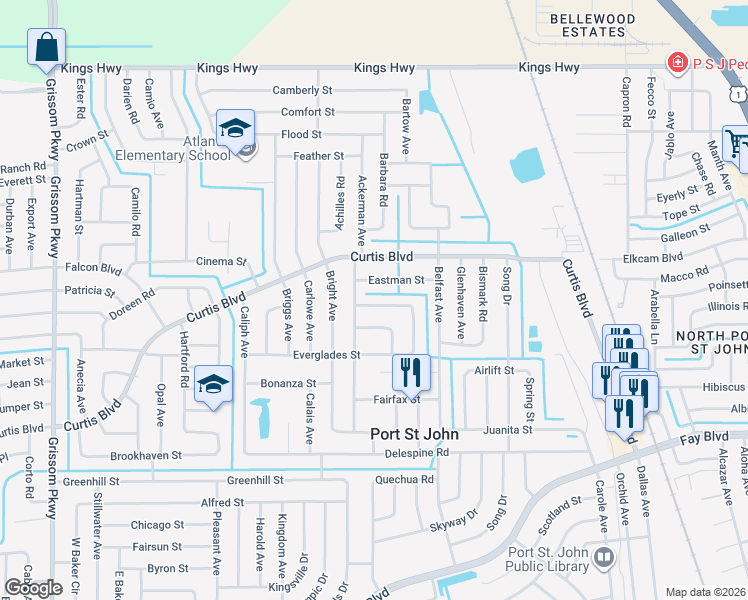 map of restaurants, bars, coffee shops, grocery stores, and more near 7057 Bayfront Road in Cocoa