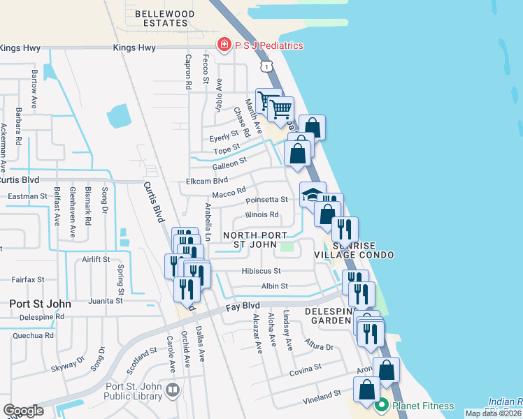 map of restaurants, bars, coffee shops, grocery stores, and more near 1026 Illinois Road in Cocoa