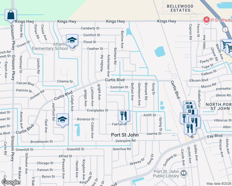 map of restaurants, bars, coffee shops, grocery stores, and more near 7057 Bayfront Road in Cocoa