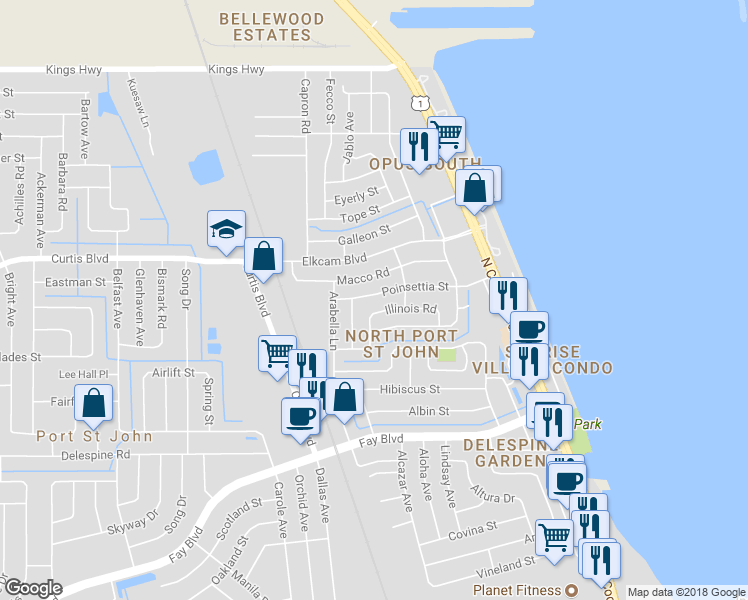 map of restaurants, bars, coffee shops, grocery stores, and more near 981 Poinsettia Street in Cocoa