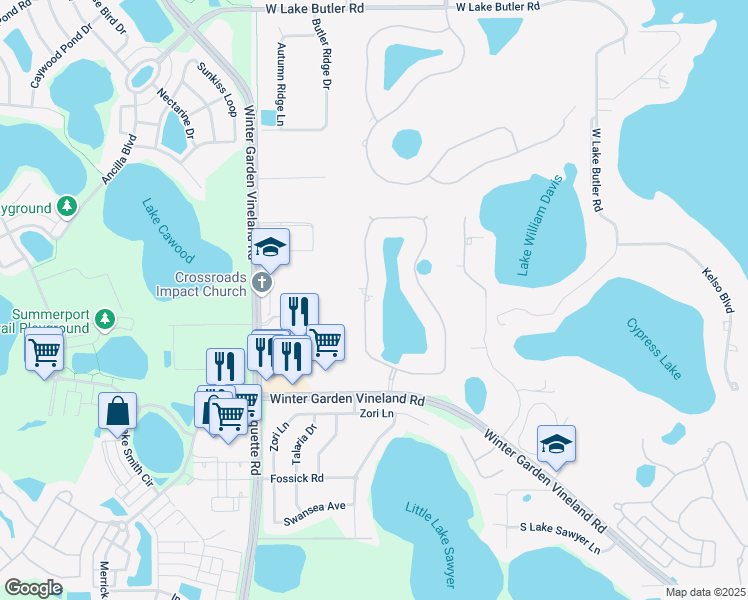 map of restaurants, bars, coffee shops, grocery stores, and more near 5548 Oxford Moor Boulevard in Windermere