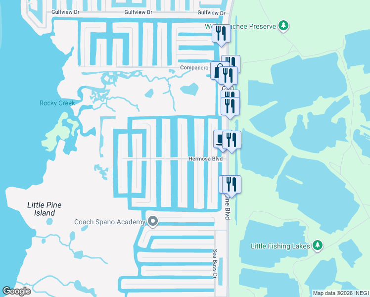 map of restaurants, bars, coffee shops, grocery stores, and more near 3350 Poinsettia Drive in Hernando Beach