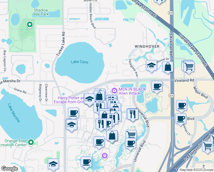 map of restaurants, bars, coffee shops, grocery stores, and more near 6350 Vineland Road in Orlando