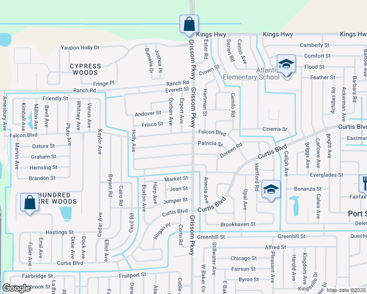 map of restaurants, bars, coffee shops, grocery stores, and more near 5035 Patricia Street in Cocoa