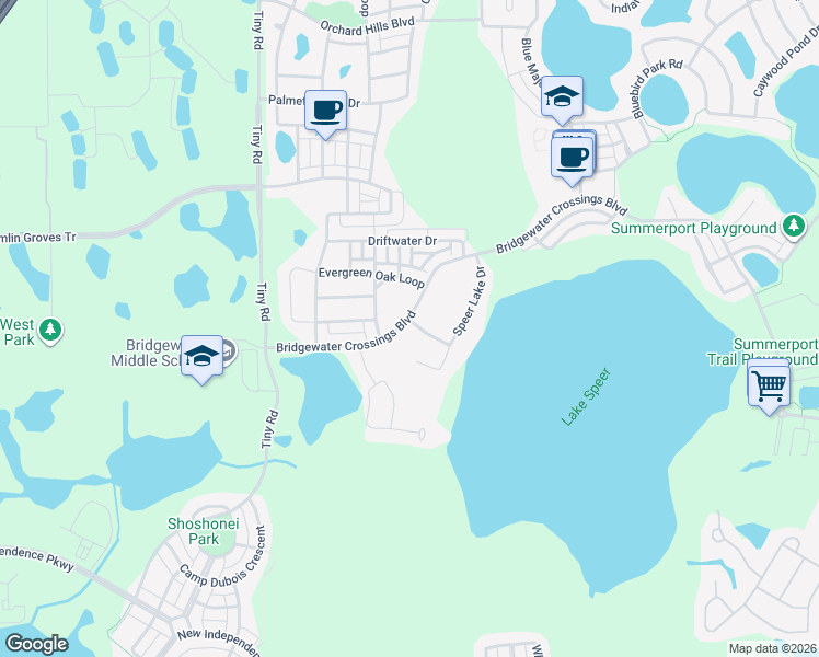 map of restaurants, bars, coffee shops, grocery stores, and more near 5606 Water Pier Lane in Winter Garden