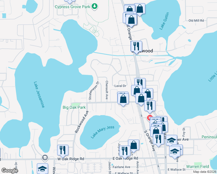 map of restaurants, bars, coffee shops, grocery stores, and more near 5305 Chenault Avenue in Orlando