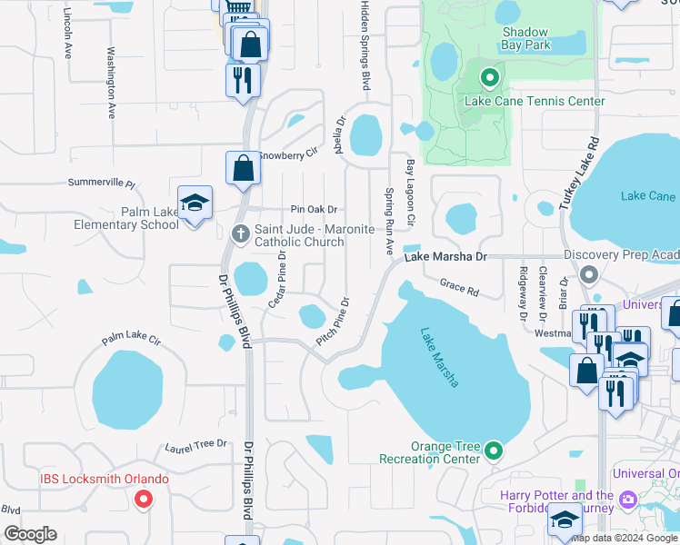 map of restaurants, bars, coffee shops, grocery stores, and more near 5656 Pitch Pine Drive in Orlando