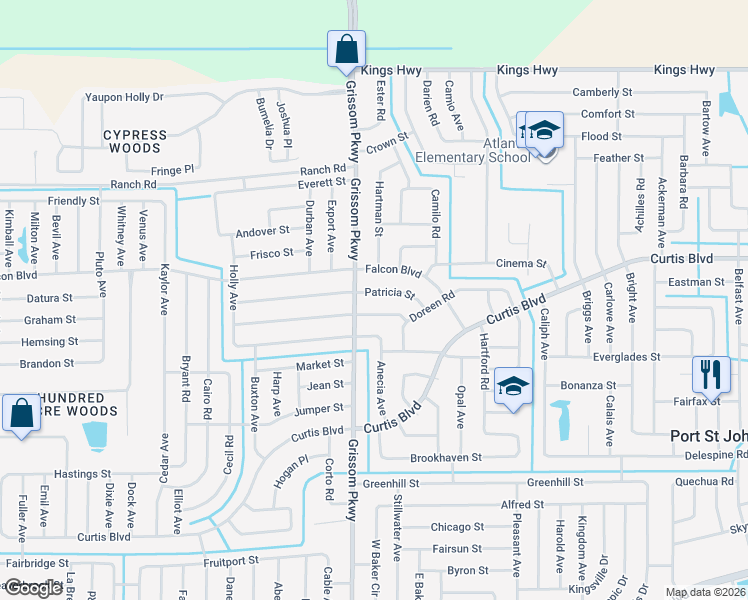map of restaurants, bars, coffee shops, grocery stores, and more near 4985 Patricia Street in Cocoa