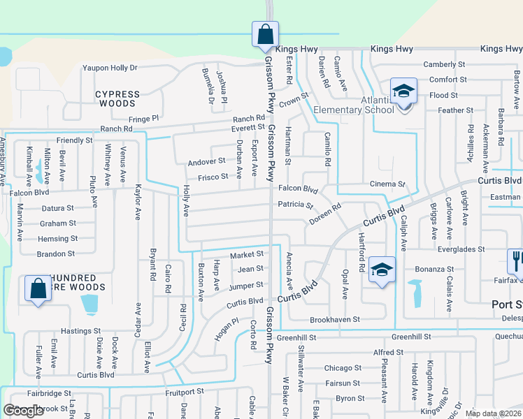 map of restaurants, bars, coffee shops, grocery stores, and more near 5035 Patricia Street in Cocoa