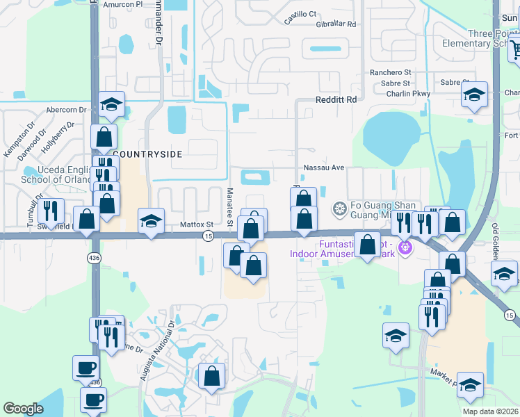 map of restaurants, bars, coffee shops, grocery stores, and more near 4125 Gulfstream Bay Court in Orlando