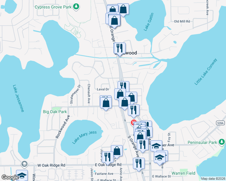 map of restaurants, bars, coffee shops, grocery stores, and more near 5238 Laval Drive in Orlando