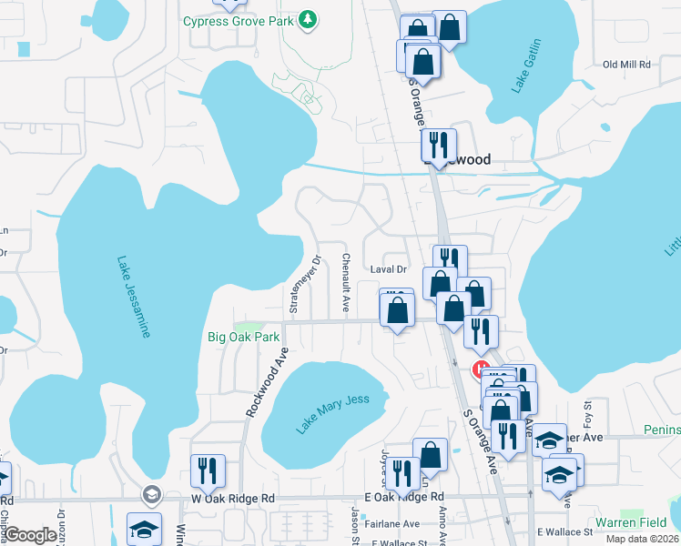 map of restaurants, bars, coffee shops, grocery stores, and more near 5305 Chenault Avenue in Orlando