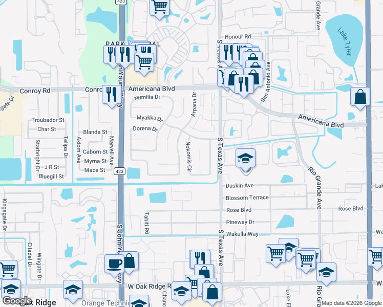 map of restaurants, bars, coffee shops, grocery stores, and more near 5424 Wauchula Court in Orlando