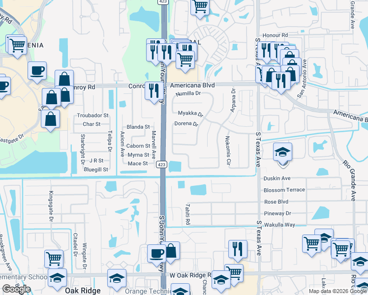 map of restaurants, bars, coffee shops, grocery stores, and more near 2632 Breezewind Drive in Orlando