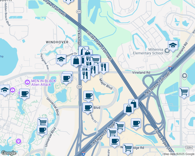 map of restaurants, bars, coffee shops, grocery stores, and more near 5610 Vineland Road in Orlando