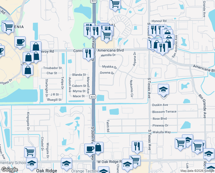 map of restaurants, bars, coffee shops, grocery stores, and more near 2632 Breezewind Drive in Orlando