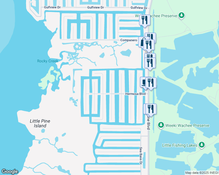 map of restaurants, bars, coffee shops, grocery stores, and more near 3329 Oleander Drive in Hernando Beach