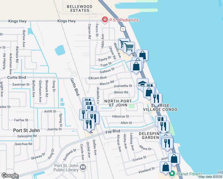 map of restaurants, bars, coffee shops, grocery stores, and more near 985 Poinsettia Street in Cocoa