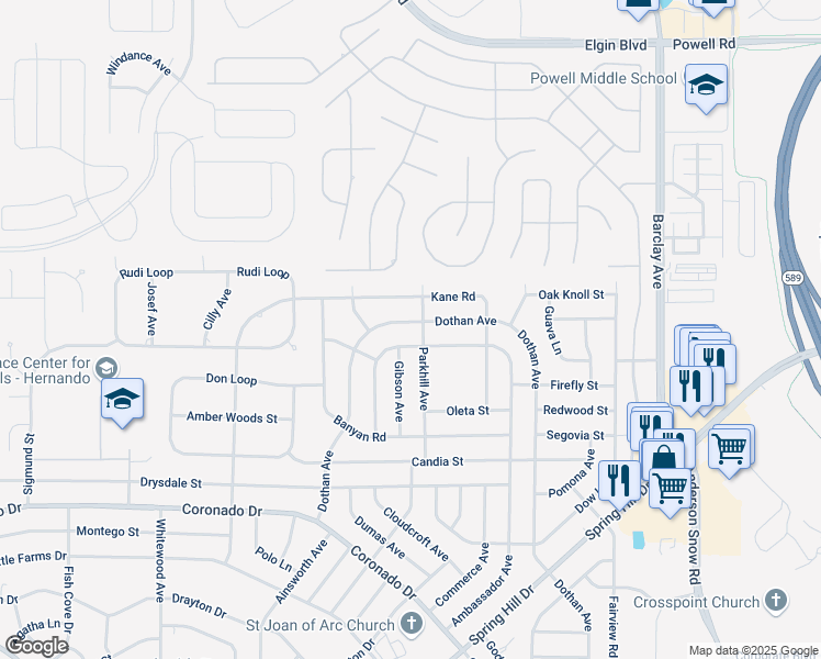 map of restaurants, bars, coffee shops, grocery stores, and more near 3439 Dothan Avenue in Spring Hill