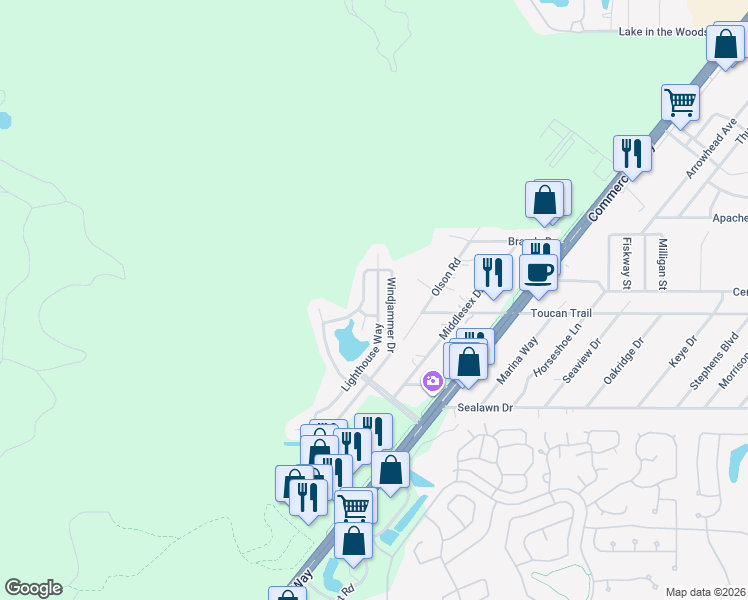map of restaurants, bars, coffee shops, grocery stores, and more near 3291 Windjammer Drive in Spring Hill