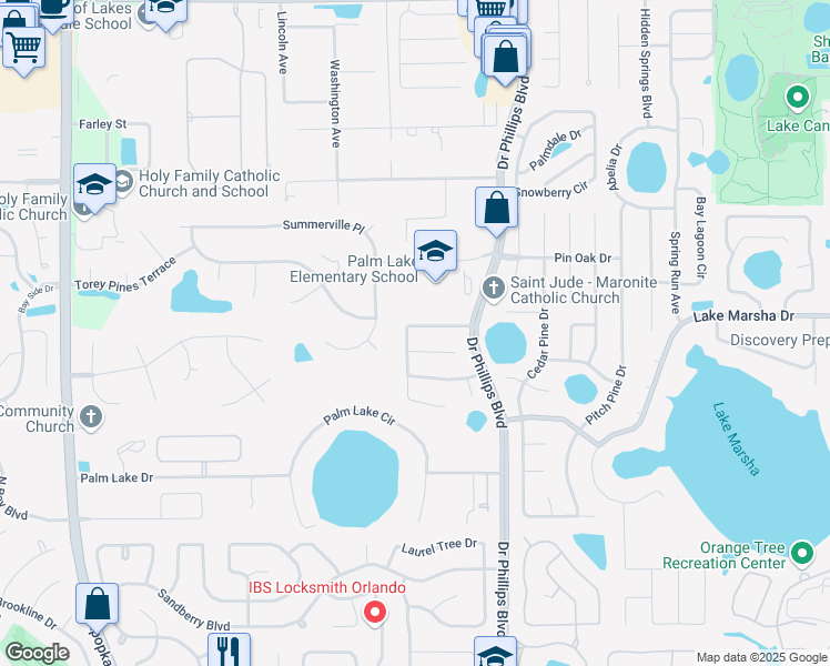 map of restaurants, bars, coffee shops, grocery stores, and more near 5643 Craindale Drive in Orlando