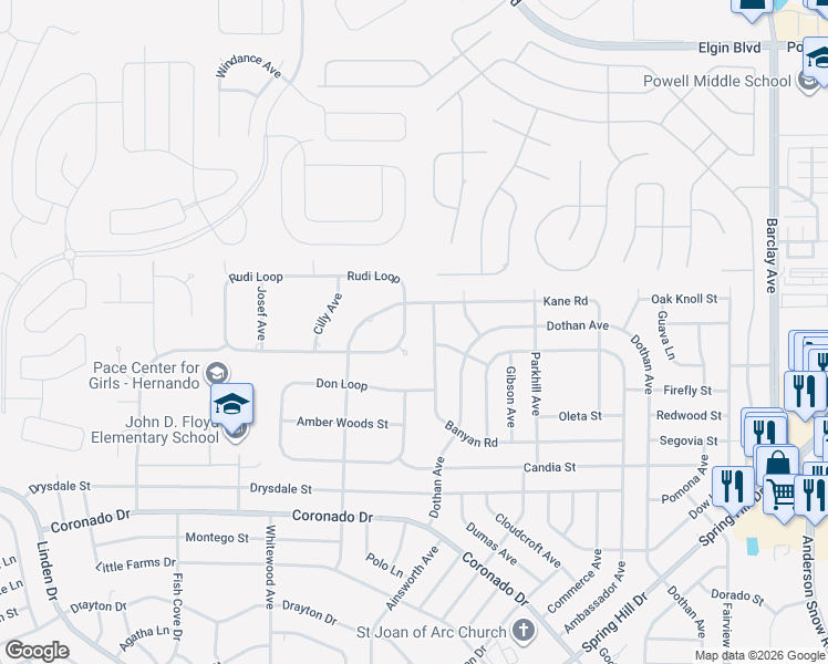 map of restaurants, bars, coffee shops, grocery stores, and more near 3264 Brunhilde Court in Spring Hill