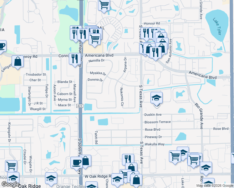 map of restaurants, bars, coffee shops, grocery stores, and more near 5445 Arpana Drive in Orlando