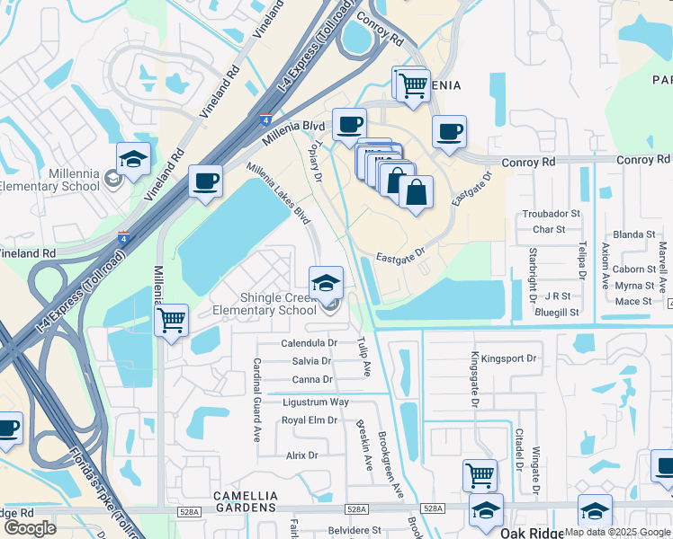 map of restaurants, bars, coffee shops, grocery stores, and more near 5451 Millenia Lakes Boulevard in Orlando