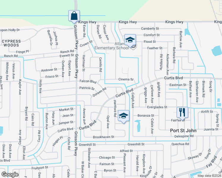 map of restaurants, bars, coffee shops, grocery stores, and more near 4755 Doreen Road in Cocoa