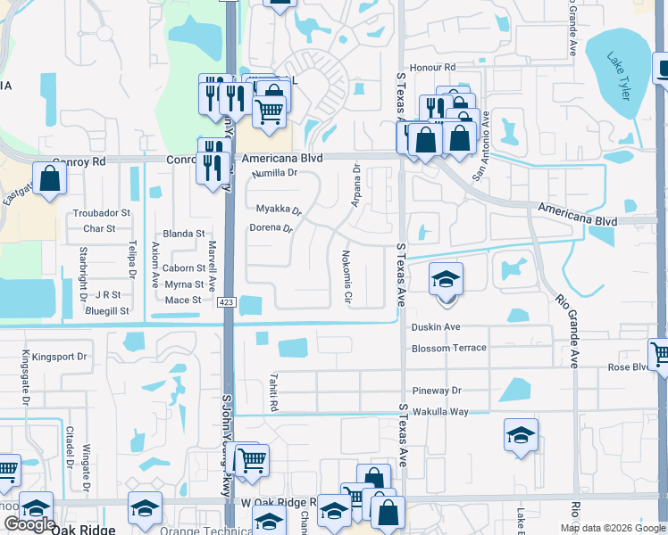 map of restaurants, bars, coffee shops, grocery stores, and more near 5445 Arpana Drive in Orlando