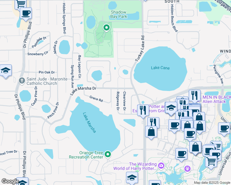 map of restaurants, bars, coffee shops, grocery stores, and more near 5613 Ridgeway Drive in Orlando