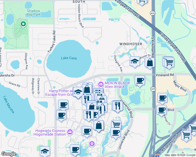 map of restaurants, bars, coffee shops, grocery stores, and more near 6350 Vineland Road in Orlando