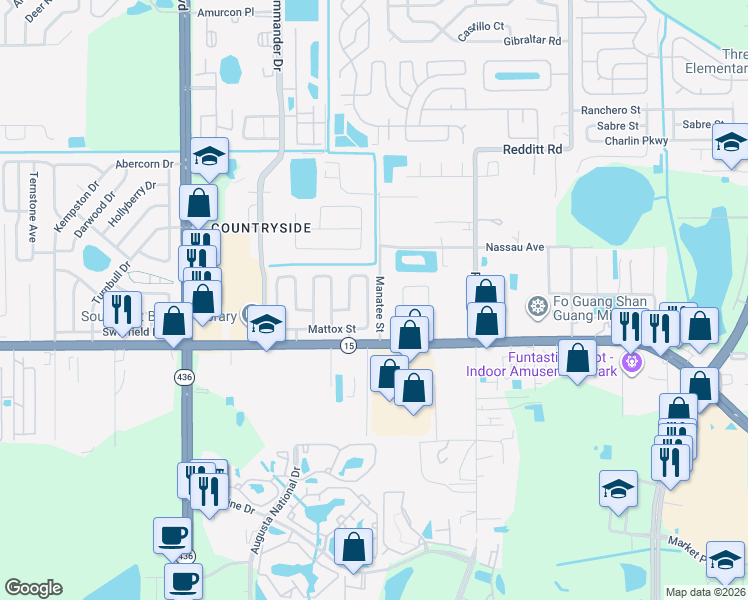 map of restaurants, bars, coffee shops, grocery stores, and more near 4103 Manatee Street in Orlando