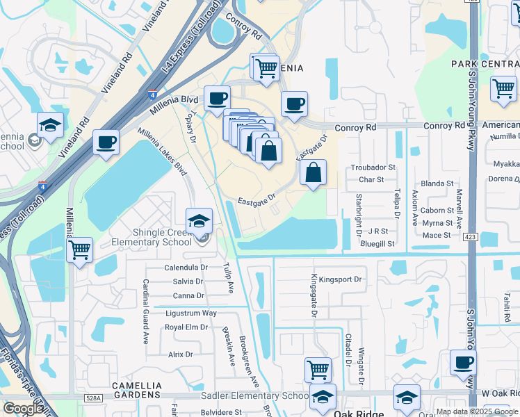 map of restaurants, bars, coffee shops, grocery stores, and more near 4150 Eastgate Drive in Orlando