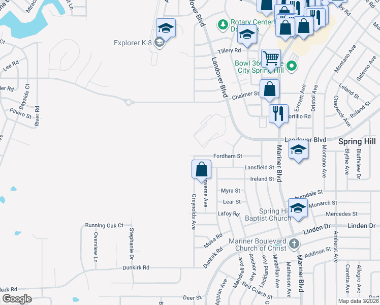map of restaurants, bars, coffee shops, grocery stores, and more near 10279 Fordham Street in Spring Hill