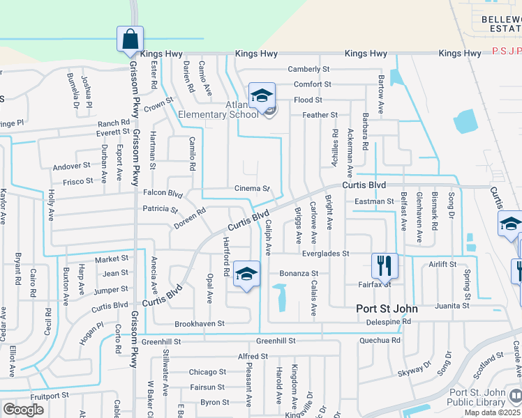 map of restaurants, bars, coffee shops, grocery stores, and more near 4660 Curtis Boulevard in Cocoa