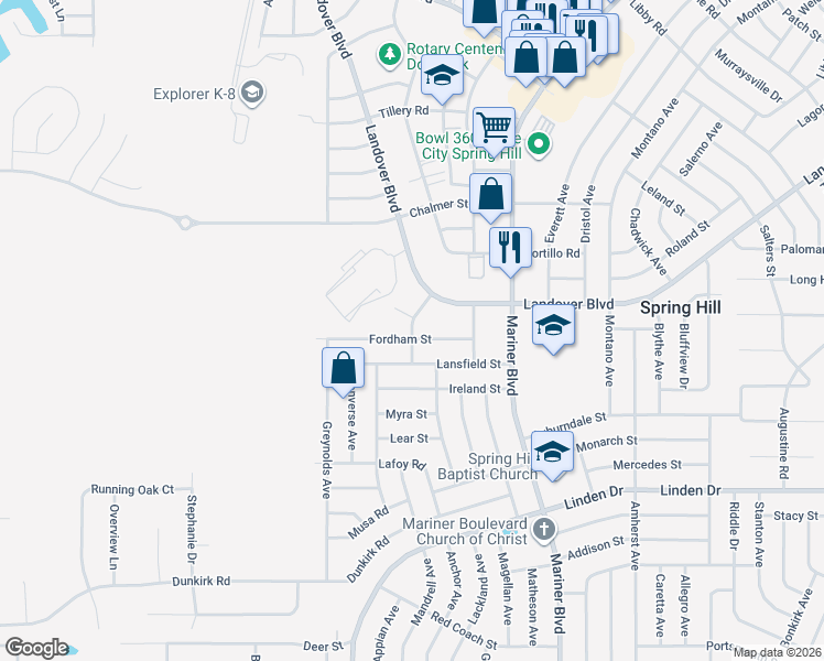 map of restaurants, bars, coffee shops, grocery stores, and more near 10376 Fordham Street in Spring Hill